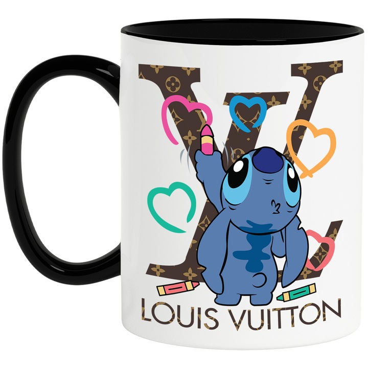Cana Cu Stitch, Cu Textul "Louis Vuitton" - Design 11, Ceramica, 330ML, Cu Maner si Interior Negru