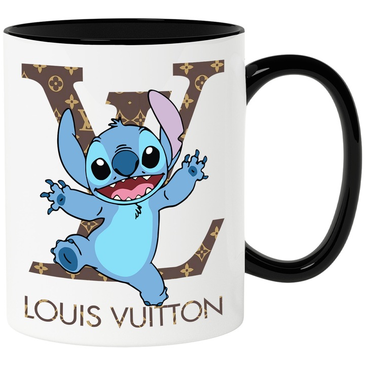 Cana Cu Stitch, Cu Textul "Louis Vuitton" - Design 12, Ceramica, 330ML, Cu Maner si Interior Negru
