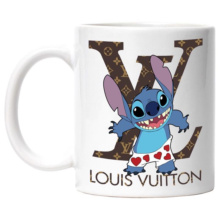 Cana Cu Stitch, Cu Textul "Louis Vuitton" - Design 14, Ceramica, 330ML, Cu Maner si Interior Alb