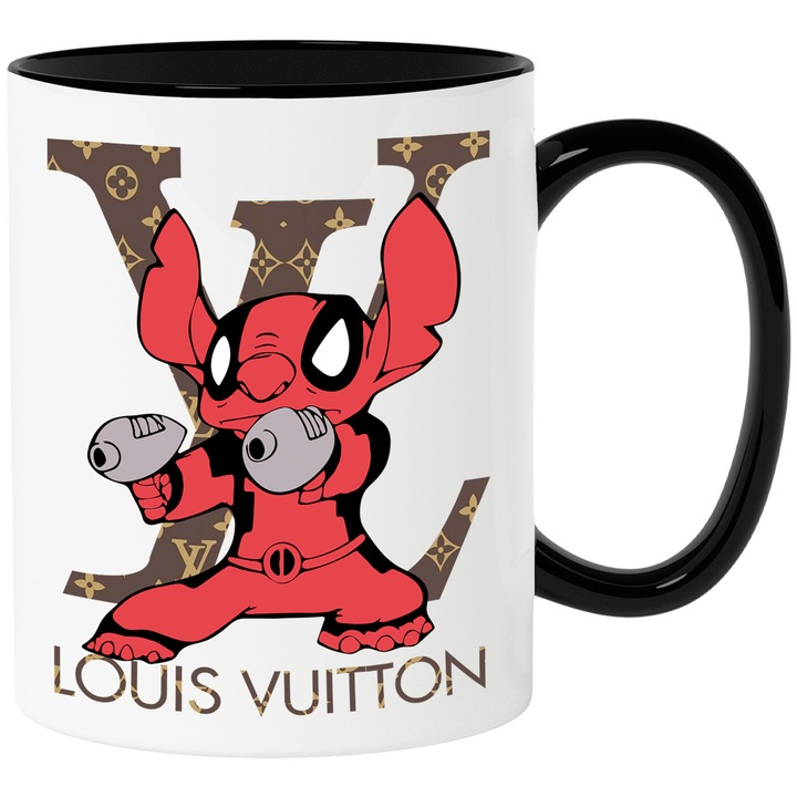 Cana Cu Stitch, Cu Textul "Louis Vuitton" - Design 15, Ceramica, 330ML, Cu Maner si Interior Negru