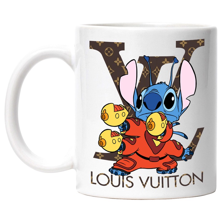 Cana Cu Stitch, Cu Textul "Louis Vuitton" - Design 16, Ceramica, 330ML, Cu Maner si Interior Alb