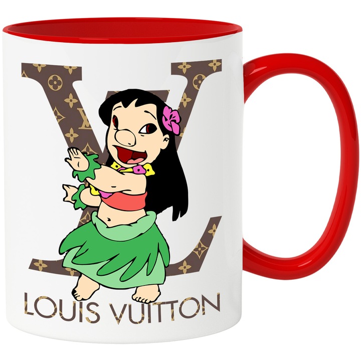Cana Cu Stitch, Cu Textul "Louis Vuitton" - Design 20, Ceramica, 330ML, Cu Maner si Interior Rosu
