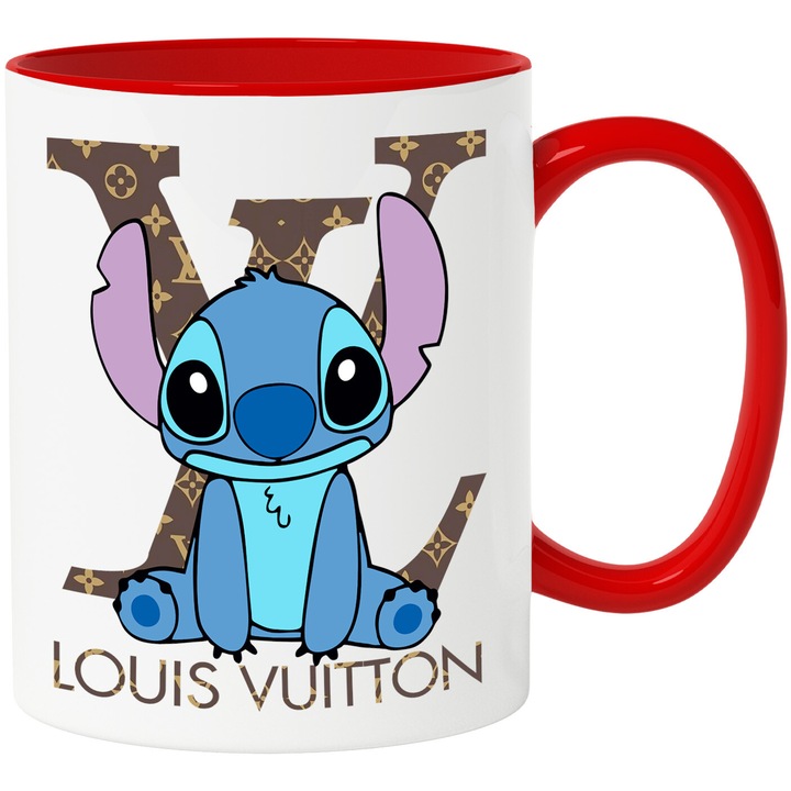 Cana Cu Stitch, Cu Textul "Louis Vuitton" - Design 21, Ceramica, 330ML, Cu Maner si Interior Rosu