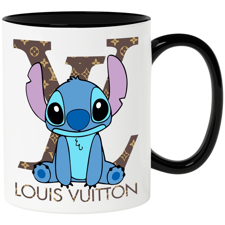 Cana Cu Stitch, Cu Textul "Louis Vuitton" - Design 21, Ceramica, 330ML, Cu Maner si Interior Negru