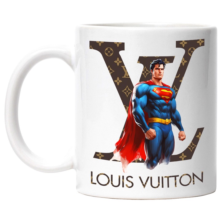 Cana Cu Superman, Cu Textul "Louis Vuitton" - Design 1, Ceramica, 330ML, Cu Maner si Interior Alb