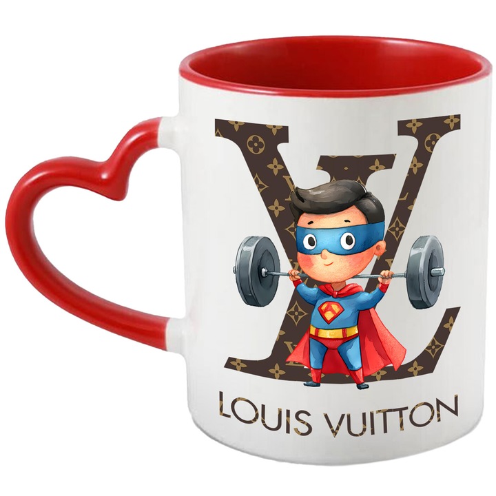 Cana Cu Superman, Cu Textul "Louis Vuitton" - Design 6, Ceramica, 330ML, Cu Maner Inima Rosie si Interior Rosu