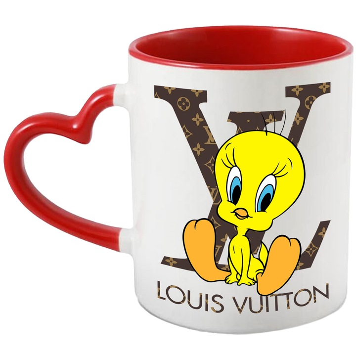 Cana Cu Tweety, Cu Textul "Louis Vuitton" - Design 3, Ceramica, 330ML, Cu Maner Inima Rosie si Interior Rosu