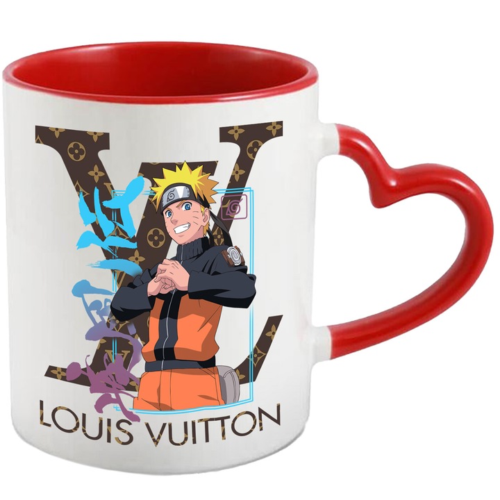 Cana Cu Naruto, Cu Textul "Louis Vuitton" - Design 2, Ceramica, 330ML, Cu Maner Inima Rosie si Interior Rosu
