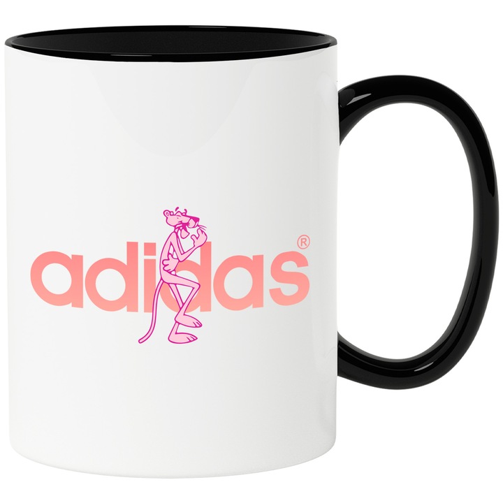 Cana Cu Pantera Roz, Cu Textul "Adidas" - Design 9, Ceramica, 330ML, Cu Maner si Interior Negru
