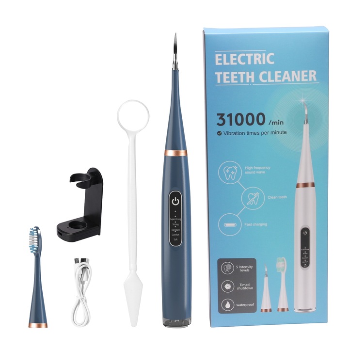 Dispozitiv cu ultrasunete,5Moduri,31000VPM, cu Capete Periuta, Varfuri Ascutite, Oglinda Orala, Suport-Unelte de Curatare Dinti, Kit de Curatare Dentara, Curatator Sonic de Dinti, Razuitoare de Placi Dentare, Curatator Dental Ultrasonic, Periute, Albastru