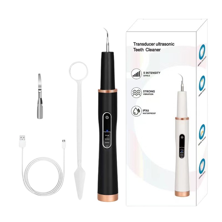 Ultrahangos készülék, 5 üzemmód, 4 intenzitás, 42000VPM, UV sterilizálás, LED fény, lapos fejjel, hegyes heggyel, szájüregi tükörrel - Fogtisztító eszközök, Fogászati tisztító készlet, Szonikus fogtisztító, Fogkőkaparó, Ultrahangos fogtisztító, Fekete