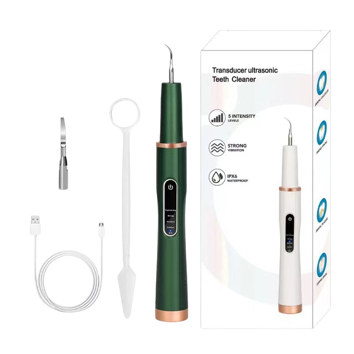 Dispozitiv cu ultrasunete,5Moduri,4Intensitati,42000VPM, Sterilizare UV, Lumina LED, cu Cap Plat, Varf Ascutit, Oglinda Orala-Unelte Curatare Dinti, Kit Curatare Dentara, Curatator Sonic Dinti, Razuitoare Placi Dentare, Curatator Dental Ultrasonic, Verde