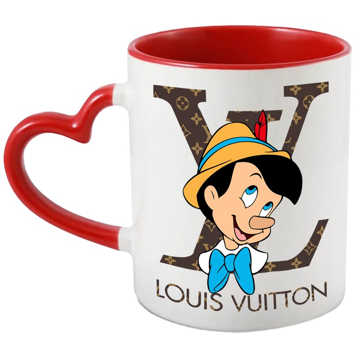Cana Cu Pinocchio, Cu Textul "Louis Vuitton" - Design 2, Ceramica, 330ML, Cu Maner Inima Rosie si Interior Rosu