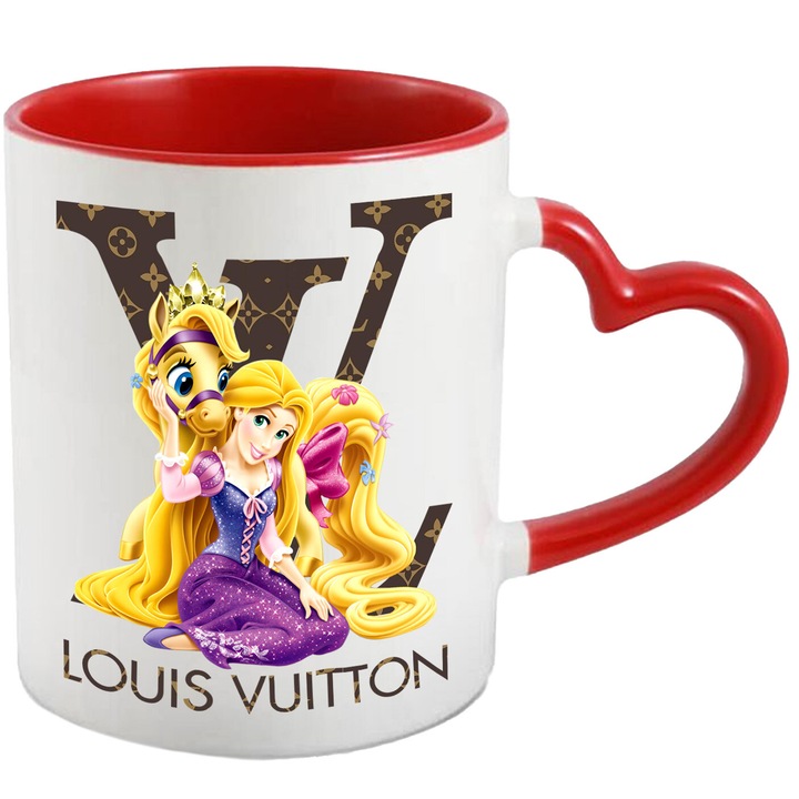 Cana Cu Rapunzel, Cu Textul "Louis Vuitton" - Design 1, Ceramica, 330ML, Cu Maner Inima Rosie si Interior Rosu