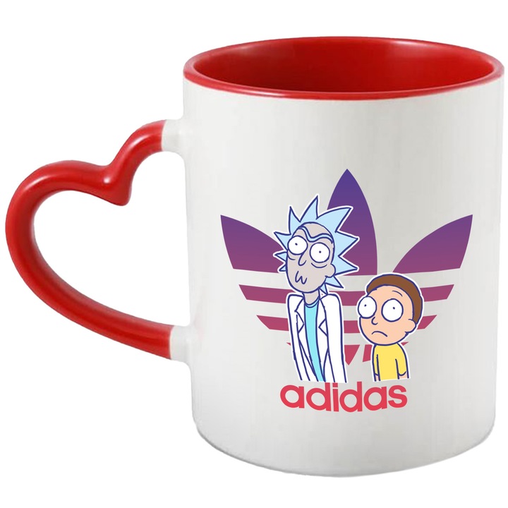 Cana Cu Rick & Morty, Cu Textul "Adidas" - Design 28, Ceramica, 330ML, Cu Maner Inima Rosie si Interior Rosu