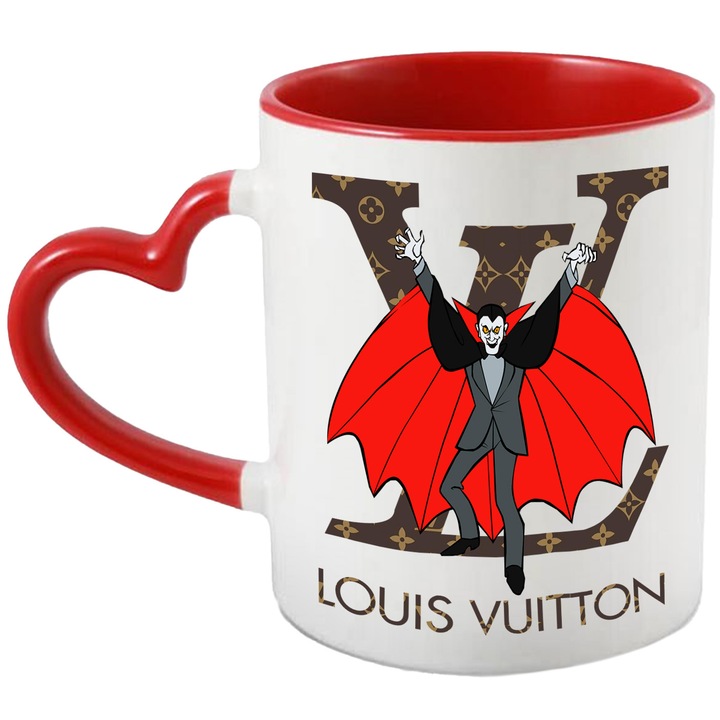 Cana Cu Scoobydoo, Cu Textul "Louis Vuitton" - Design 1, Ceramica, 330ML, Cu Maner Inima Rosie si Interior Rosu