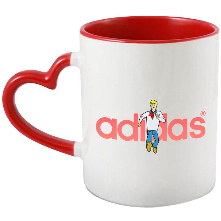 Cana Cu Scoobydoo, Cu Textul "Adidas" - Design 6, Ceramica, 330ML, Cu Maner Inima Rosie si Interior Rosu