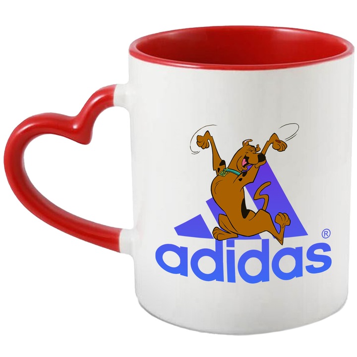 Cana Cu Scoobydoo, Cu Textul "Adidas" - Design 8, Ceramica, 330ML, Cu Maner Inima Rosie si Interior Rosu