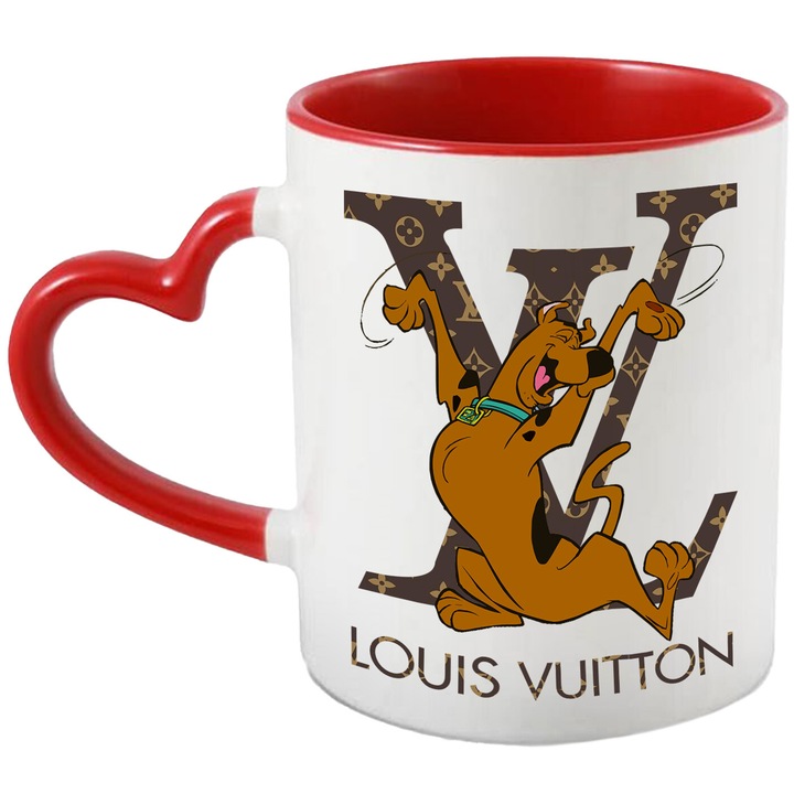 Cana Cu Scoobydoo, Cu Textul "Louis Vuitton" - Design 3, Ceramica, 330ML, Cu Maner Inima Rosie si Interior Rosu