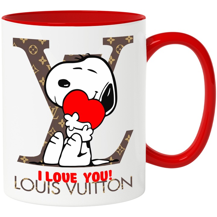 Cana Cu Snoopy, Cu Textul "Louis Vuitton" - Design 3, Ceramica, 330ML, Cu Maner si Interior Rosu
