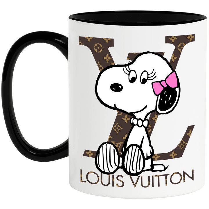 Cana Cu Snoopy, Cu Textul "Louis Vuitton" - Design 4, Ceramica, 330ML, Cu Maner si Interior Negru
