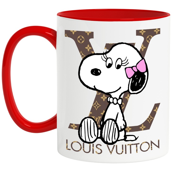 Cana Cu Snoopy, Cu Textul "Louis Vuitton" - Design 4, Ceramica, 330ML, Cu Maner si Interior Rosu