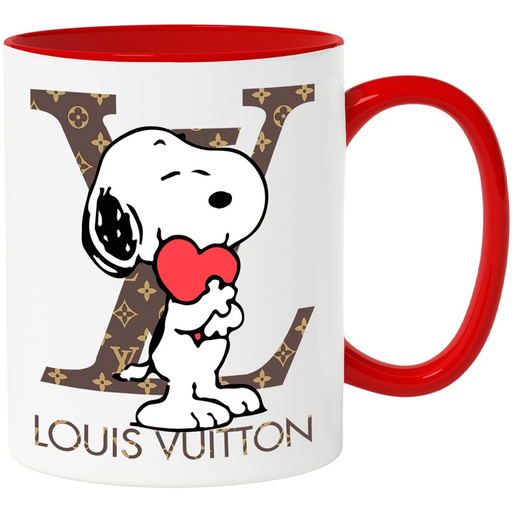 Cana Cu Snoopy, Cu Textul "Louis Vuitton" - Design 7, Ceramica, 330ML, Cu Maner si Interior Rosu