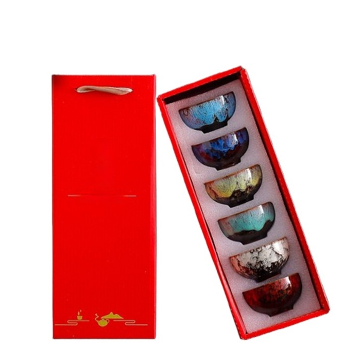 Set 6 cesti de ceai ceramice, design pictura peisagistica, multicolor, 80ml, 8x4.5cm