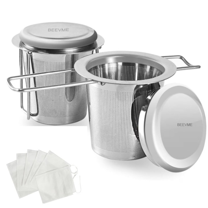 Filtru de ceai din otel inoxidabil, filtru cu plasa fina, strecuratoare de ceai cu maner si capac pliabile, cana de preparare (2 piese, argintiu) si 100 de pliculete de ceai de calitate alimentara