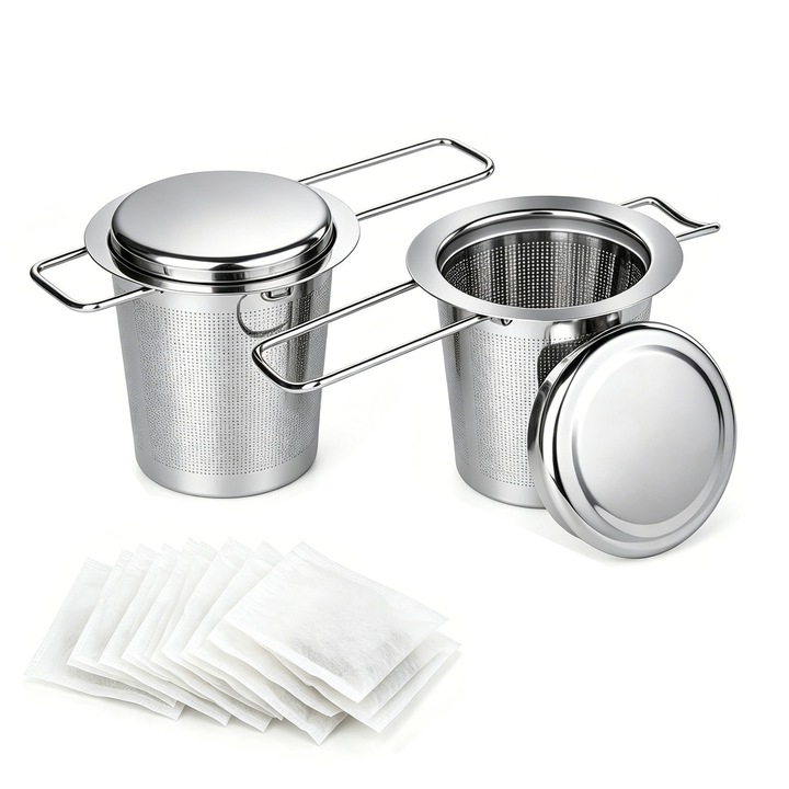 Filtru de ceai din otel inoxidabil, filtru cu plasa fina, strecuratoare de ceai cu maner si capac pliabile, cana de preparare (2 piese, argintiu) si 100 de pliculete de ceai de calitate alimentara