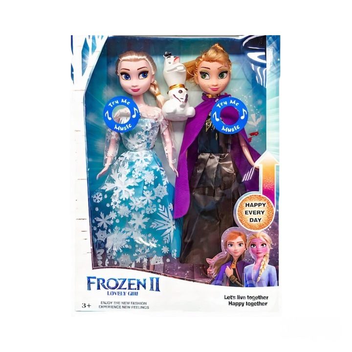 Set 2 Papusi Muzicale Virtual Trend®, Ana si Elsa, Multicolor, 30cm