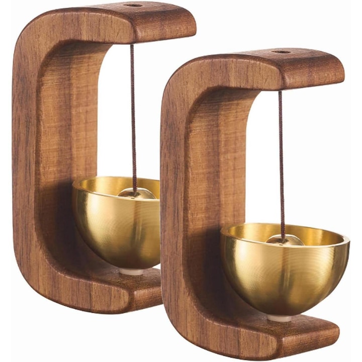 Clopotel magnetic, set 2 bucati, lemn si alama, 7.5x4x6cm, maro inchis, decor universal