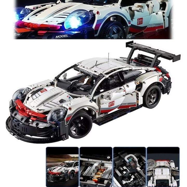 Jucarie de constructie masina sport, XONGSOR®, 1580 piese, suspensie independenta, diferential, autocolante, seria Technic, varste 8 ani si peste, Alb