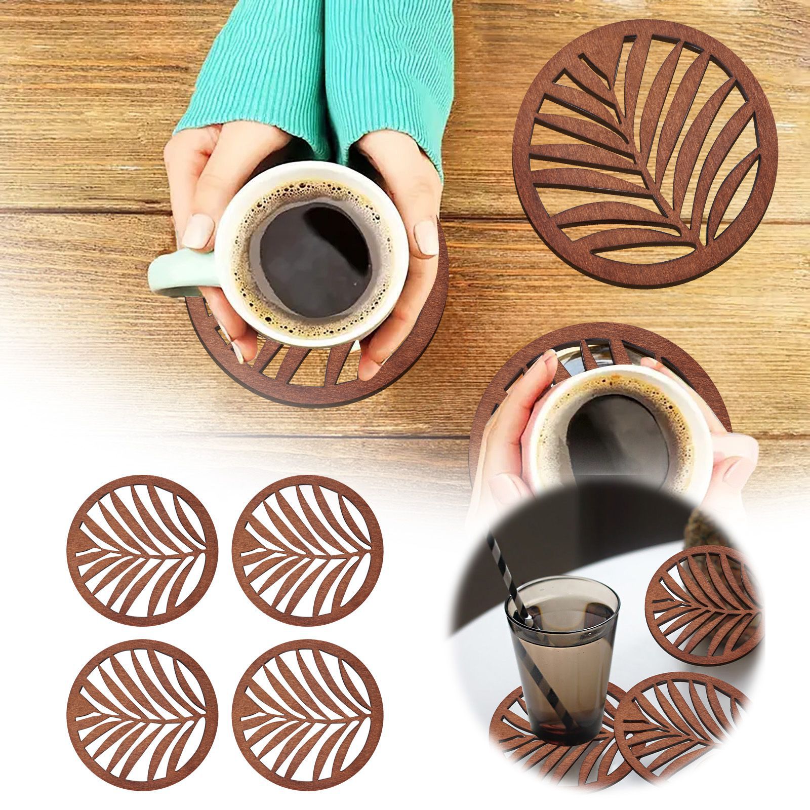 Suporturi bauturi set 4 buc, design rustic, din lemn, izolatie termica ...