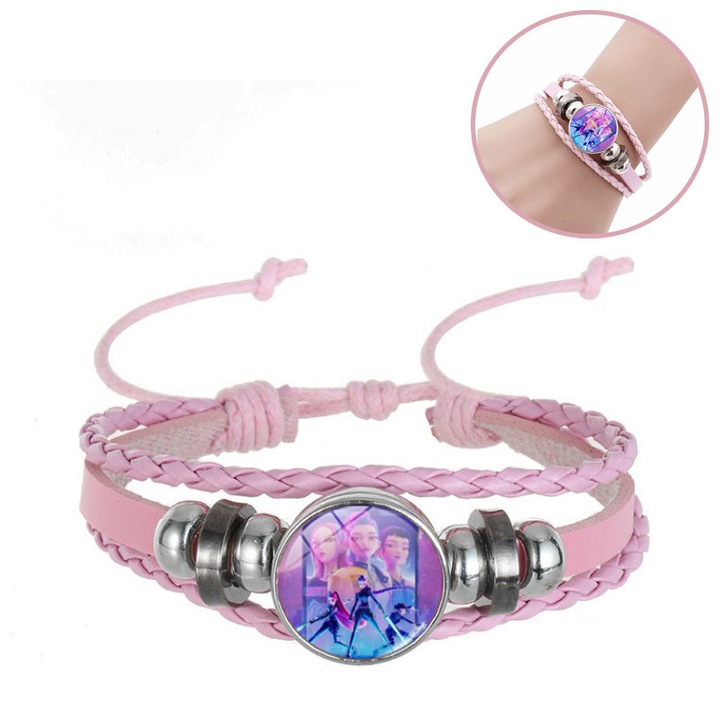 Bratara K-POP "Demon Hunter", Piele ecologica, 18+8cm, Design cu demon hunte, Roz