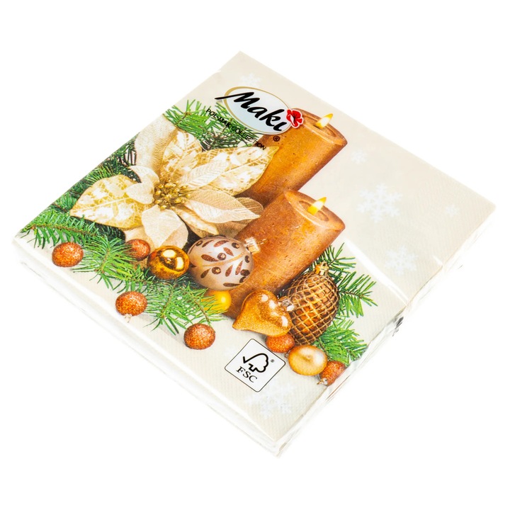 Set de serwetki decorative POLMAK, 33x33 cm, 20 buc, motiv stea betleemului, culori aurii si verzi