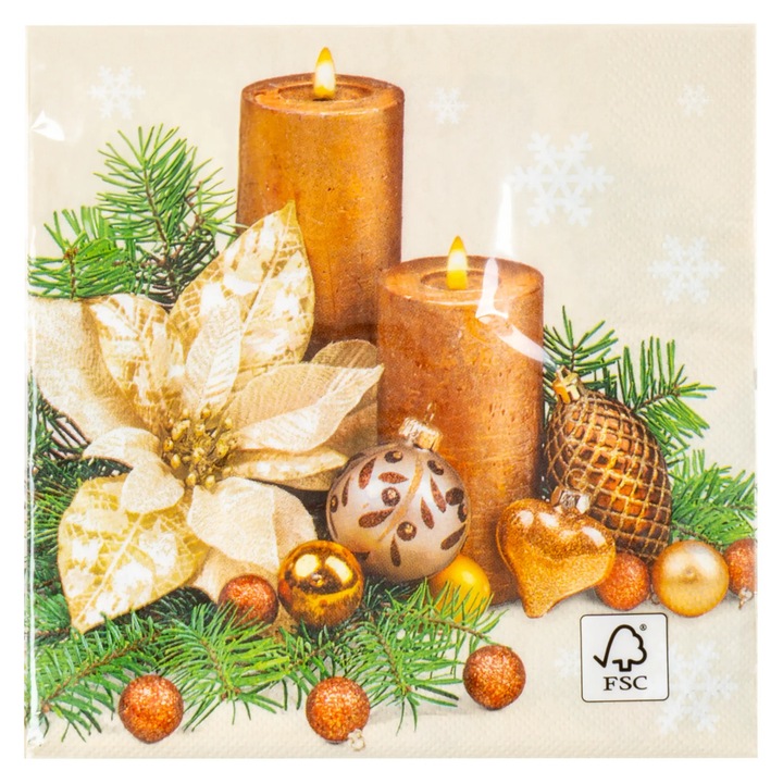 Set de serwetki decorative POLMAK, 33x33 cm, 20 buc, motiv stea betleemului, culori aurii si verzi