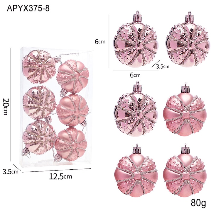 Set globuri de Craciun, decorare pom, roz, 6 piese