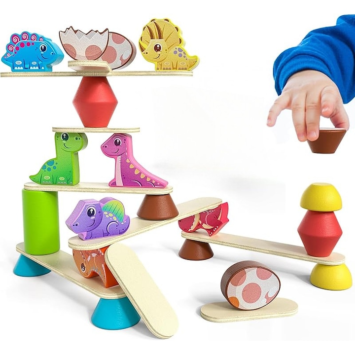 Set jucarii educative Montessori de Echilibru si Invatare pentru copii, tip Balanta cu Dinozauri, set de lemn blocuri de constructie, pentru dezvoltare abilitati motrice fine, cadou copii,3-5 ani