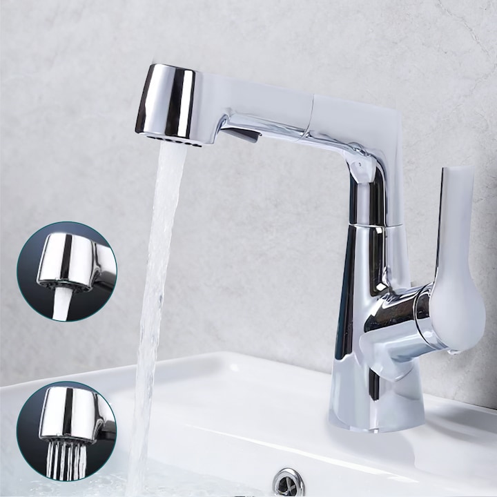 Baterie chiuveta baie, Ultrixe, Baterie lavoar cu dus extractibil, 2 functii spray, pivotant, monocomanda, cartus ceramic