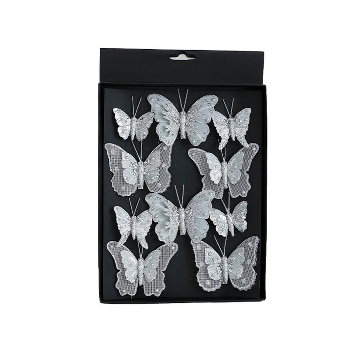 Комплект сребърни пеперуди, украшение за елха, комплект 10 броя