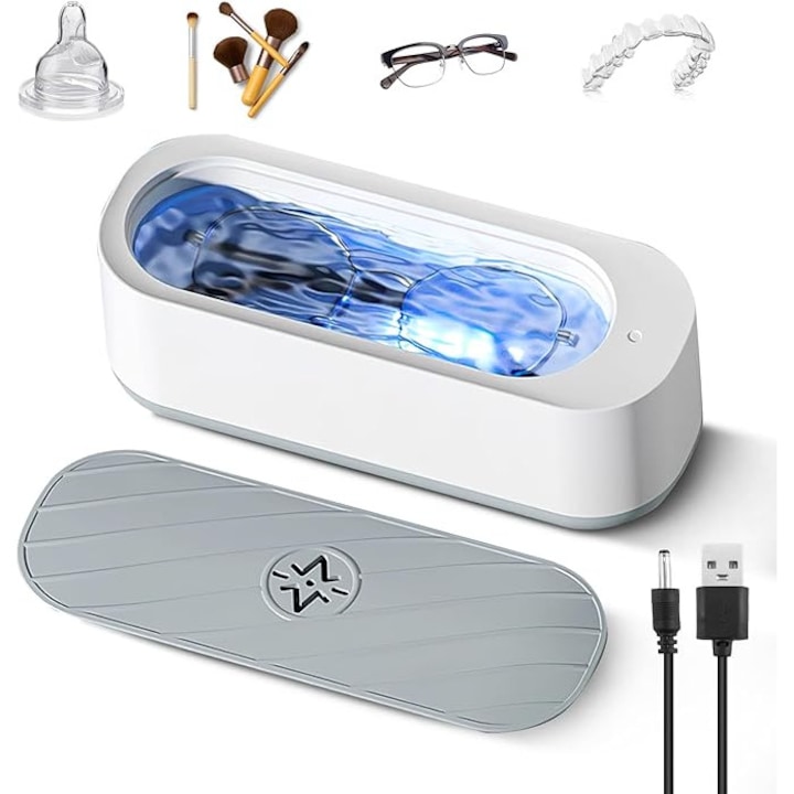 Curatator ultrasonic portabil, capacitate 300ml, design compact, cu lumina albastra, pentru ochelari, bijuterii, ceasuri