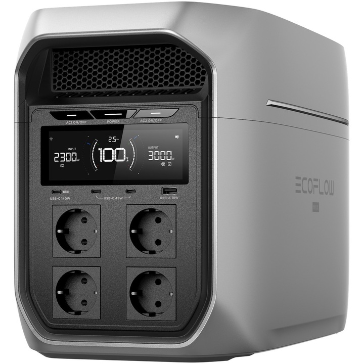 Statie de incarcare portabila EcoFlow Delta 3 Max Plus, 2048Wh, 3000W, afisaj LCD, X-Boost, 4 prize, USB-C, USB-A, alimentare solara si la priza, gri