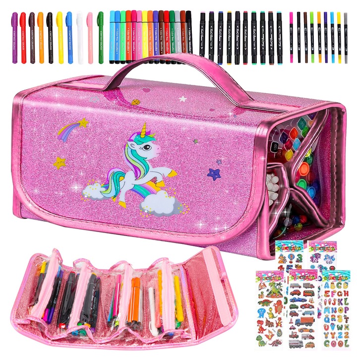 Set 50 de carioci profesionale unicorn, cerneala pe baza de alcool, YOUKUKE®, multicolore pentru desen, varf dublu subtire si gros, rezistent la apa, cadouri de ziua de nastere cu unicorn pentru fete de 4, 5, 6 si 7 ani, Roz