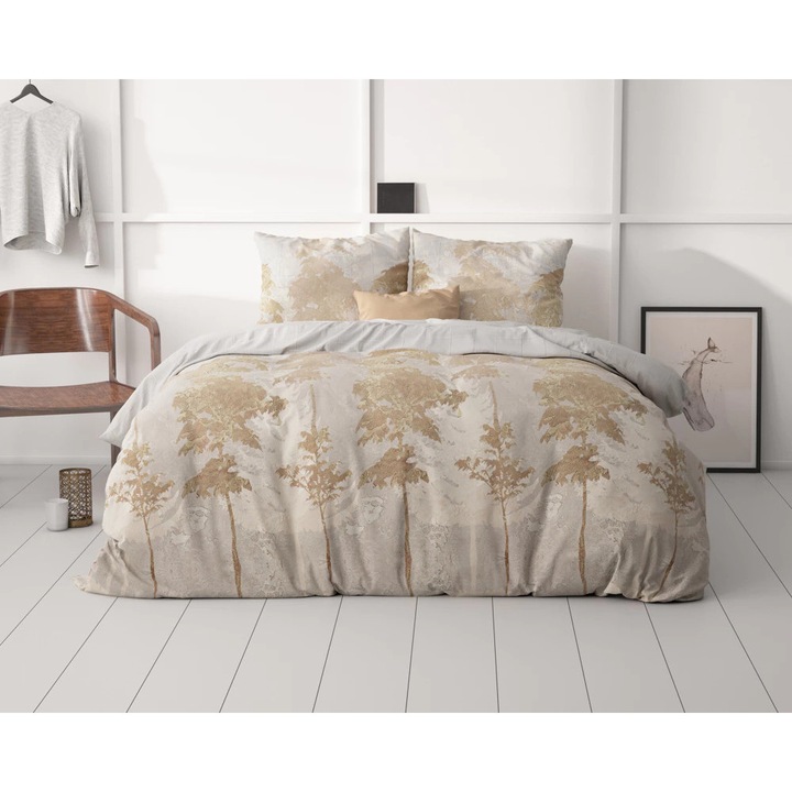 Lenjerie de pat Sleeptime, 1x husa pilota 140x200/220, 1x fete de perna 60x70, Microfibra 100%, Hipoalergenica, model Treasture Three Gold, Imprimeu Digital, culoare Bej