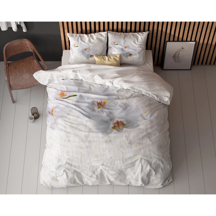 Sleeptime ágyneműgarnitúra, 1× paplanhuzat 200×200/220 cm, 2× párnahuzat 60×70 cm, 100% mikroszálas, hipoallergén, Orchid White minta, digitális nyomtatás, fehér szín