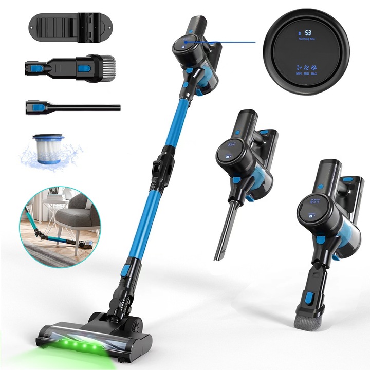 Aspirator vertical fara fir, Ultrixe, 2 in 1 Aspirator cu iluminare, Pliabil, 200W Brushless, 20kPa, 3 trepte de putere, Rotatie 180°, Perii Multiple, Afisajul Bateriei, Albastru