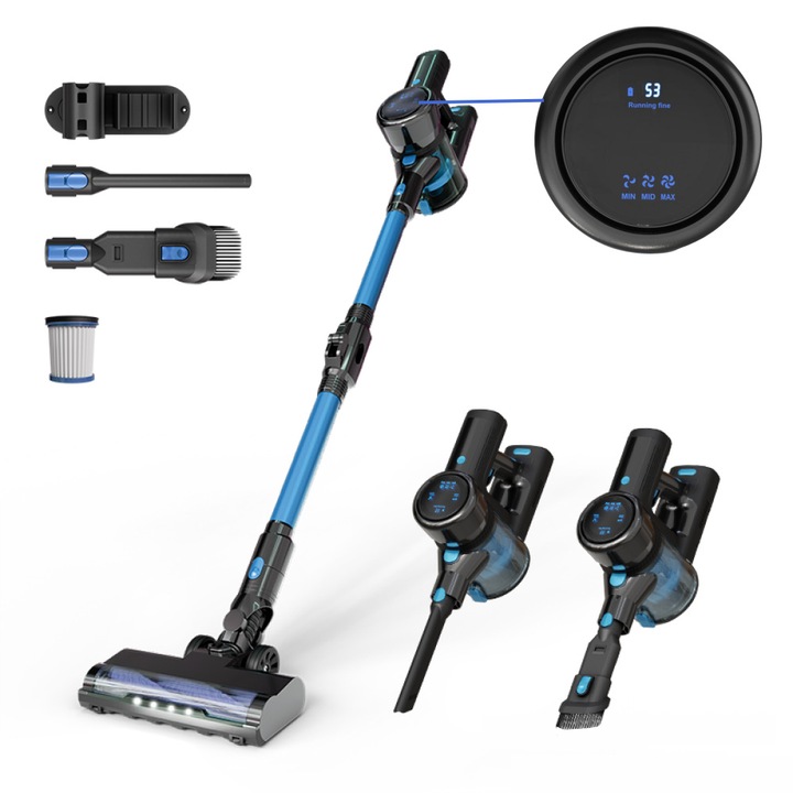 Вертикална безжична прахосмукачка, Ultrixe, 2 в 1 Прахосмукачка с осветление, Сгъваема, 200W безчетков мотор, 20kPa, 3 степени на мощност, 180° въртене, Множество четки, Дисплей на батерията, Син