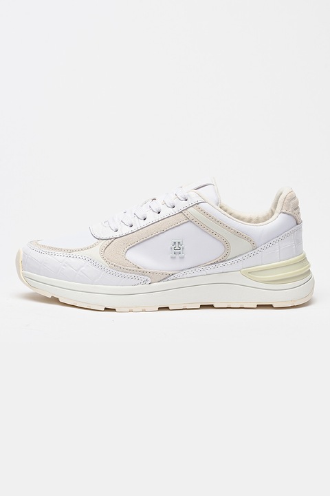 Tommy Hilfiger, Pantofi sport din piele si piele intoarsa, Alb