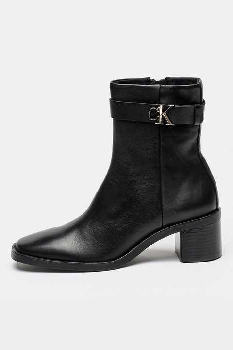 CALVIN KLEIN, Кожени боти с ток и квадратен връх, Черен